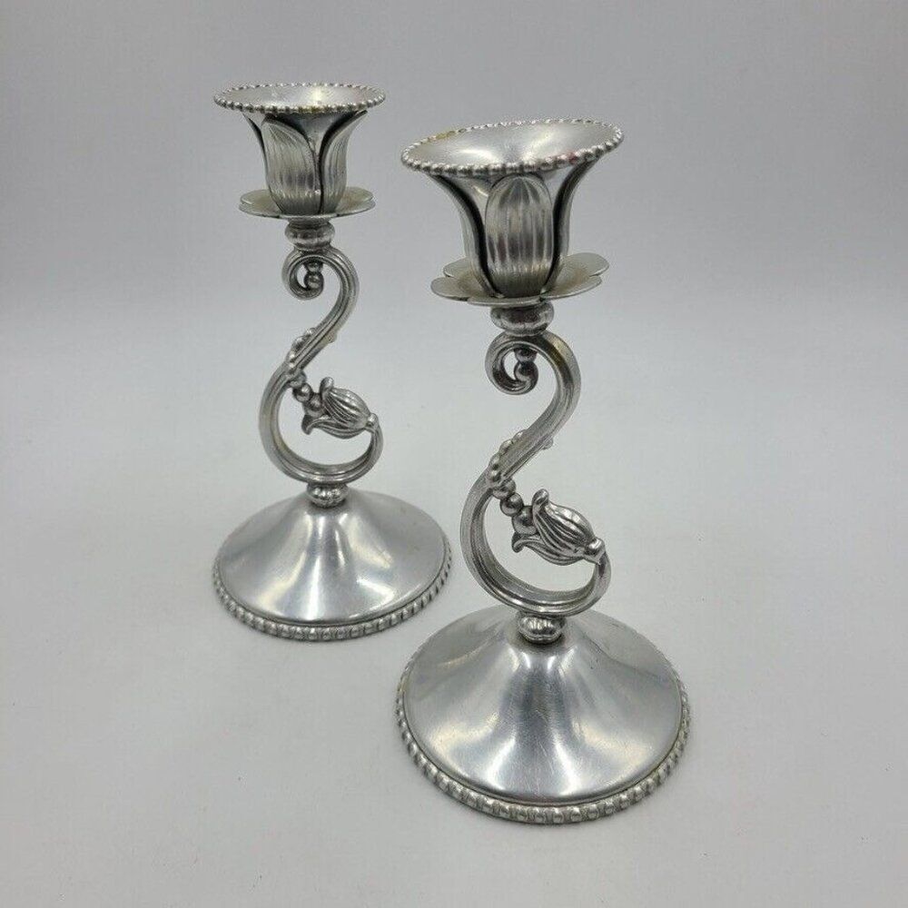 Vintage Aluminum Faberware Silver Candlesticks Victorian Elegant Fluted Deco